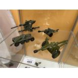 FOUR UNBOXED DINKY MODEL MILITARY VEHICLES - AN EBR PANHARD AND THREE FIELD GUNS