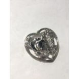 A MARKED DENMARK SILVER HEART SHAPED BROOCH WITH BIRD AND LEAF DESIGN