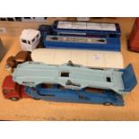 FOUR CORGI WAGONS WITH TRAILER TO INCLUDE A EXPRESS SERVICE, TANKER, NATIONAL RACING STABLES AND A