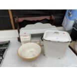 AN ASSORTMENT OF ITEMS TO INCLUDE AN ENAMEL BREAD BIN, MIXING BOWL AND SHELVES ETC