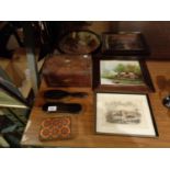 A MIXTURE OF ITEMS TO INCLUDE A SMALL WOODEN CHEST A/F [HINGES BROKEN ] A VINTAGE GLASS DECORATIVE