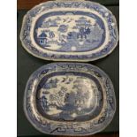TWO STAFFORDSHIRE BLUE AND WHITE STONEWARE MEAT PLATTERS
