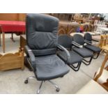 A NICEDAY SWIVEL BLACK OFFICE CHAIR AND THREE OFFICE ELBOW CHAIRS