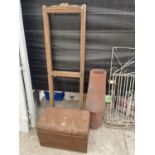 AN ASSORTMENT OF ITEMS TO INCLUDE A CHIMNEY POT, A VINTAGE TIN TRUNK AND A THREE SECTION DIVISION