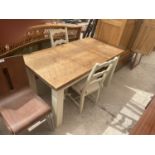 A MODERN RUSTIC KITCHEN TABLE ON PAINTED BASE WITH TWO PAINTED CHAIRS, 60X31.5"