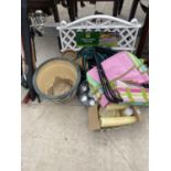 AN ASSORTMENT OF ITEMS TO INCLUDE PLANTERS, A HOSE PIPE AND CANDLE HOLDERS ETC
