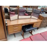 A RETRO TEAK SCHREIBER STYLE DRESSING TABLE WITH TRIPLE MIRROR AND STOOL, 66.5" WIDE