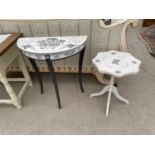 A DEMI-LUNE HALL TABLE AND TRIPOD WINE TABLE, BOTH WITH PAINTED DECORATION