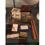 A MIXED SELECTION TO INCLUDE VINTAGE TINS , A TIN OF COLLECTORS STAMPS AND POSTCARDS