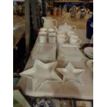A MIXED SELECTION OF WHITE CERAMICS TO INCLUDE PLATES, COFFEE CUPS , COFFEE POT, JUG AND TWO STAR