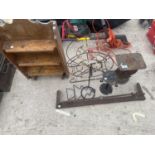 AN ASSORTMENT OF ITEMS TO INCLUDE A FIRE FENDER, A WOODEN SHELF AND A VINTAGE WEIGH SCALE ETC