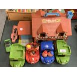 A FISHER PRICE PLAYHOUSE AND GARAGE TO INCLUDE FOUR WEEBLE TRUCKS