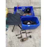 AN ASSORTMENT OF TOOLS TO INCLUDE BRACE DRILLS, A BLACK AND DECKER ELECTRIC SANDER AND A STOOL ETC