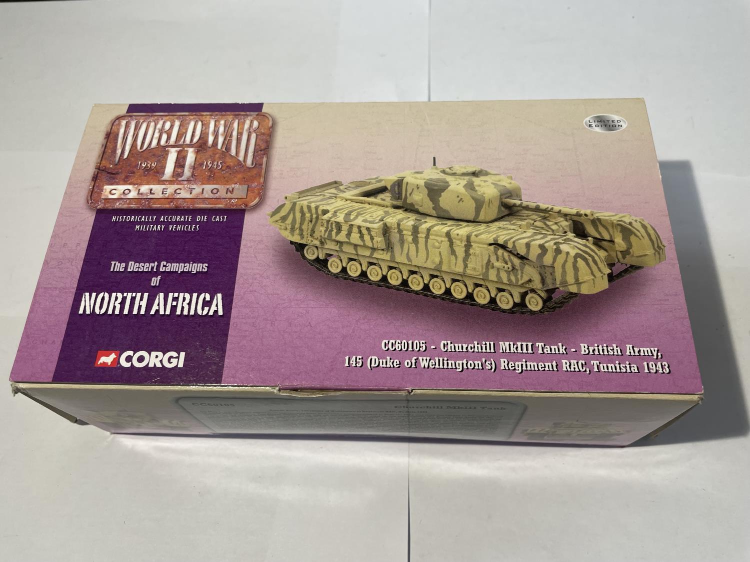 A BOXED CORGI MODEL CHURCHILL TANK FROM THE DESERT CAMPAIGNS OF NORTH AFRICA RANGE - NUMBER CC60105