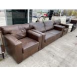 A MODERN LEATHER THREE PIECE SUITE AND TWO RECLINER CHAIRS