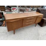 A RETRO TEAK SCHREIBER STYLE SIDEBOARD, 68" WIDE, WITH THREE DRAWERS AND TWO CUPBOARDS