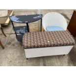 A LLOYD LOOM STYLE OTTOMAN AND BEDROOM CHAIR AND A PAINTED DEMI-LUNE TABLE