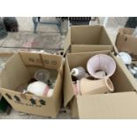 AN ASSORTMENT OF HOUSEHOLD CLEARANCE ITEMS TO INCLUDE GLASS WARE, CERAMIC VASES AND LAMP SHADES ETC