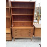 A RETRO TEAK B.M. (DENMARK) UNIT WITH THREE GRADUATED DRAWERS TO THE BASE, OPEN UPPER SHELVING AND