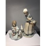TWO LLADRO FIGURINES TO INCLUDE A GIRL WITH PUPPY AND KITTEN AND A GIRL WITH DUCKLINGS IN A BASKET