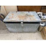 A LARGE SQUARE GALVANISED TOOL CHEST WITH TWO HANDLES