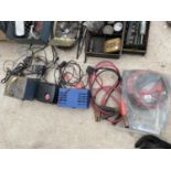 THREE BATTERY CHARGERS AND TWO SETS OF JUMP LEADS