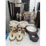 AN ASSORTMENT OF ITEMS TO INCLUDE LAMPS, OPTICS AND A CLOCK ETC