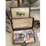 A FRAMED PRINT, A SUITCASE AND A QUANTITY OF VINTAGE BOOKS