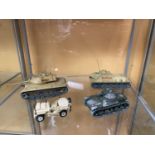 FOUR UNBOXED MODEL MILITARY VEHICLES - A JEEP, A RENAULT TANK, AN M47 TANK AND A CHAR SU 100 TANK