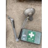 A VINTAGE ANGLE POISE BENCH LAMP AND A VINTAGE FIRST AID KIT