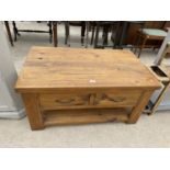 A MODERN PINE TWO TIER COFFEE TABLE ENCLOSING DRAWERS, 39X24"