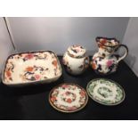 FIVE ITEMS OF MASONS POTTERY TO INCLUDE A GINGER JAR, SQUARE DISH JUG AND PLATES