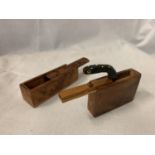TWO BURR WALNUT BOXES, ONE WITH A SURPRISE SNAKE