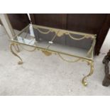 A GILT METAL REGENCY STYLE COFFEE TABLE, 34X16", WITH TOUGHENED SAFETY GLASS TOP