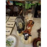 VARIOUS ITEMS TO INCLUDE A LARGE CANDLE HOLDER, LANTERN, A PAINTED TREEN EWE AND LAMB AND A TREEN