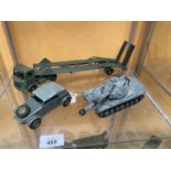 THREE UNBOXED DINKY MODEL MILITARY VEHICLES - A LEOPARD TANK, A VW KDF AND A TANK TRANSPORTER