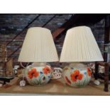 A SET OF LARGE HAND PAINTED MATCHING TABLE LAMPS