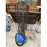 AN ASSORTMENT OF ITEMS TO INCLUDE A GALVANISED MOP BUCKET, PLANTERS AND A WROUGHT IRON GATE ETC