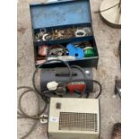 AN ASSORTMENT OF ITEMS TO INCLUDE A GLASS HOUSE HEATER, A TOOL BOX WITH TOOLS ETC