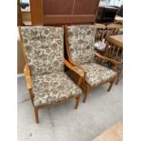 A PAIR OF BEECH FRAMED PARKER KNOLL STYLE FIRESIDE CHAIRS