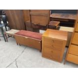 A MODERN FOUR DRAWER BEDROOM CHEST, WOODEN OTTOMAN AND TEAK FRAMED STOOL