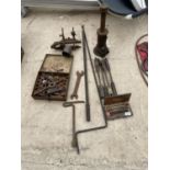 AN ASSORTMENT OF TOOLS TO INCLUDE TAP AND DIE, WOOD PLANES AND A BOTTLE JACK ETC