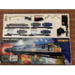 A HORNBY RAILWAYS ELECTRIC TRAIN SET TUNNEL FREIGHT WITH EXTRA ENGINE AND 7 UP CARRIAGE (TRACK AND