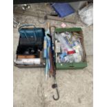 AN ASSORTMENT OF ITEMS TO HANDBAGS, DOOR HINGES AND WALKING STICKS ETC