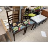 TWO LADDER BACK DINING CHAIRS AND MODERN NEST OF THREE TABLES