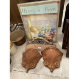 AN ASSORTMENT OF ITEMS TO INCLUDE DECORATIVE TREEN PLAQUES AND TWO PRINTS ETC
