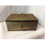AN VINTAGE STEEL CASH BOX WITH KEY