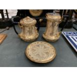 AN EARLY CREAM AND GILT TEAPOT, HOT WATER JUG AND STAND