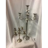TWO WHITE METAL FIVE CANDLE CANDELABRAS