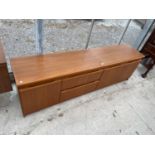 A RETRO TEAK G-PLAN SIDEBOARD ENCLOSING TWO DRAWERS AND THREE CUPBOARDS, 72" WIDE